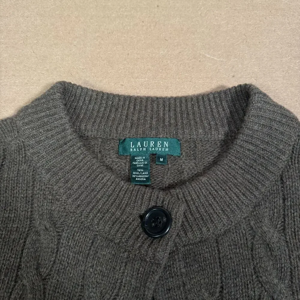 Ralph Lauren Brown Olive Green Wool Cable Knit Cardigan 3/4 Length Sleeve